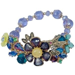 Betsey Johnson Hummingbird Flower Bracelet 7" Icy Crystal Spring Ahead VTG